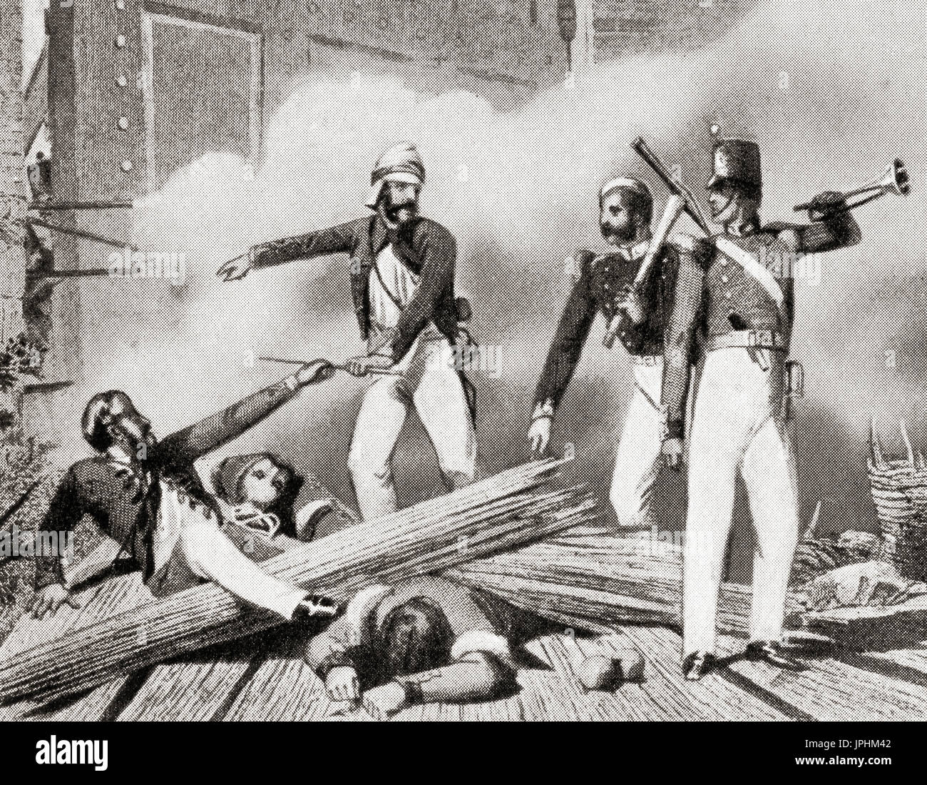 L'assaut sur la porte ou la porte du Cachemire Cachemire par des soldats britanniques lors de la rébellion indienne de 1857, au cours de laquelle le pont et la gauche de la porte des feuilles ont été détruits à l'aide de la poudre, cela a commencé l'assaut final sur les rebelles vers la fin de siège de Delhi. L'histoire de Hutchinson de l'ONU, publié en 1915. Banque D'Images