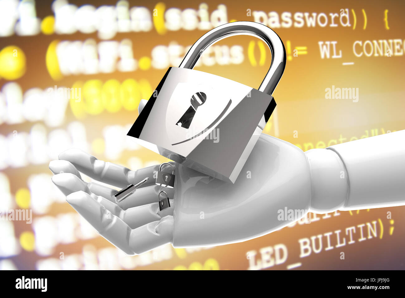 Réseau sécurité informatique technologie de l'ito avec l'intelligence artificielle (IA) concept. Les clés maîtresses sur le robot part et le code de la mise en réseau. Banque D'Images