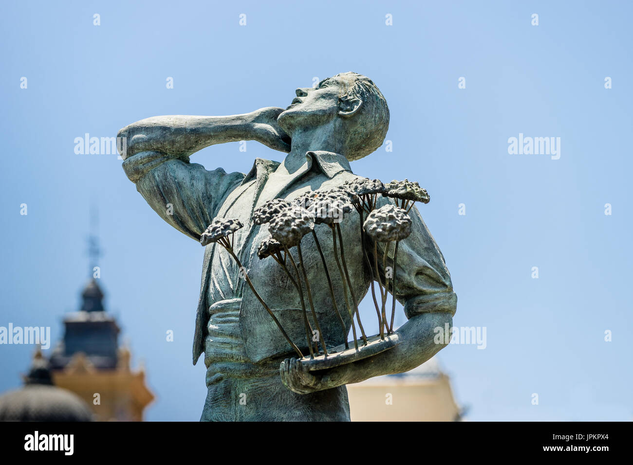 El Biznaguero, la marchande de fleurs, de sculptures dans la ville de Malaga, Espagne Banque D'Images