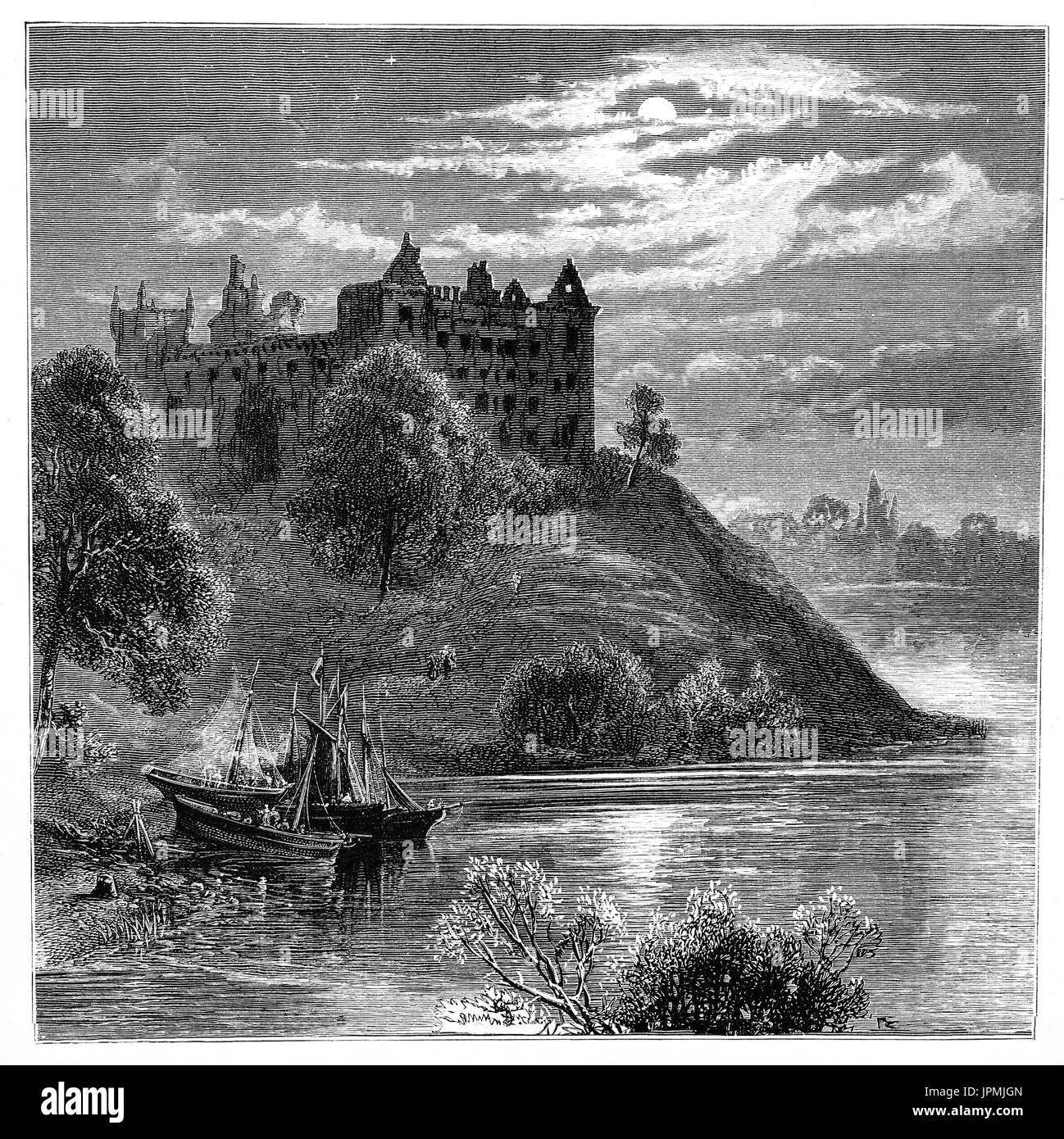 1870 : Bateaux à voile établie sur un promontoire dans le Palais de Linlithgow Linlithgow Loch ci-dessous ou sur le château. C'était une des résidences principales des rois d'Ecosse au xve et xvie siècles. Bien que maintenu après l'Ecosse de monarques partent pour l'Angleterre en 1603, le palais a été peu utilisée et a été brûlé en 1746. Près de la ville de Linlithgow, West Lothian, Ecosse, Banque D'Images