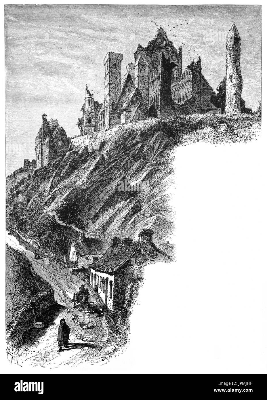 1870 : Le Rock of Cashel, également connu sous le nom de Cashel des Rois et Saint Patrick's Rock. C'était le traditionnel siège des rois de Munster pendant plusieurs centaines d'années avant l'invasion normande. En 1101, le roi de Munster, Muirchertach Ua Briain, a fait don de sa forteresse sur le rocher de l'Église. Le complexe est l'une des plus remarquables collections d'architecture médiévale que l'on puisse trouver en Europe. La plupart des bâtiments datent du 12e et 13e siècles. Situé à Cashel, comté de Tipperary, Irlande. Banque D'Images