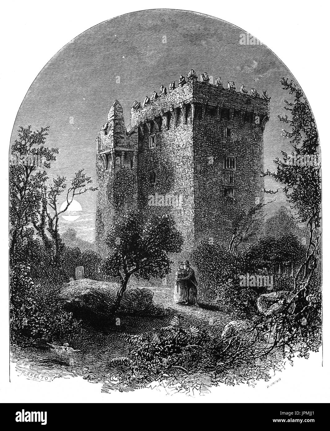 1870 : le château de Blarney, une forteresse médiévale à Blarney. Le donjon a été construit par la dynastie de Muskerry de MacCarthy, une branche cadette des rois de Desmond, et date de 1446. La pierre de Blarney où les touristes visitant le château peut se bloquer à l'envers sur un pic à baiser la pierre, qui est dit pour donner le don de l'éloquence. est parmi les mâchicoulis du château. Le comté de Cork, Irlande Banque D'Images
