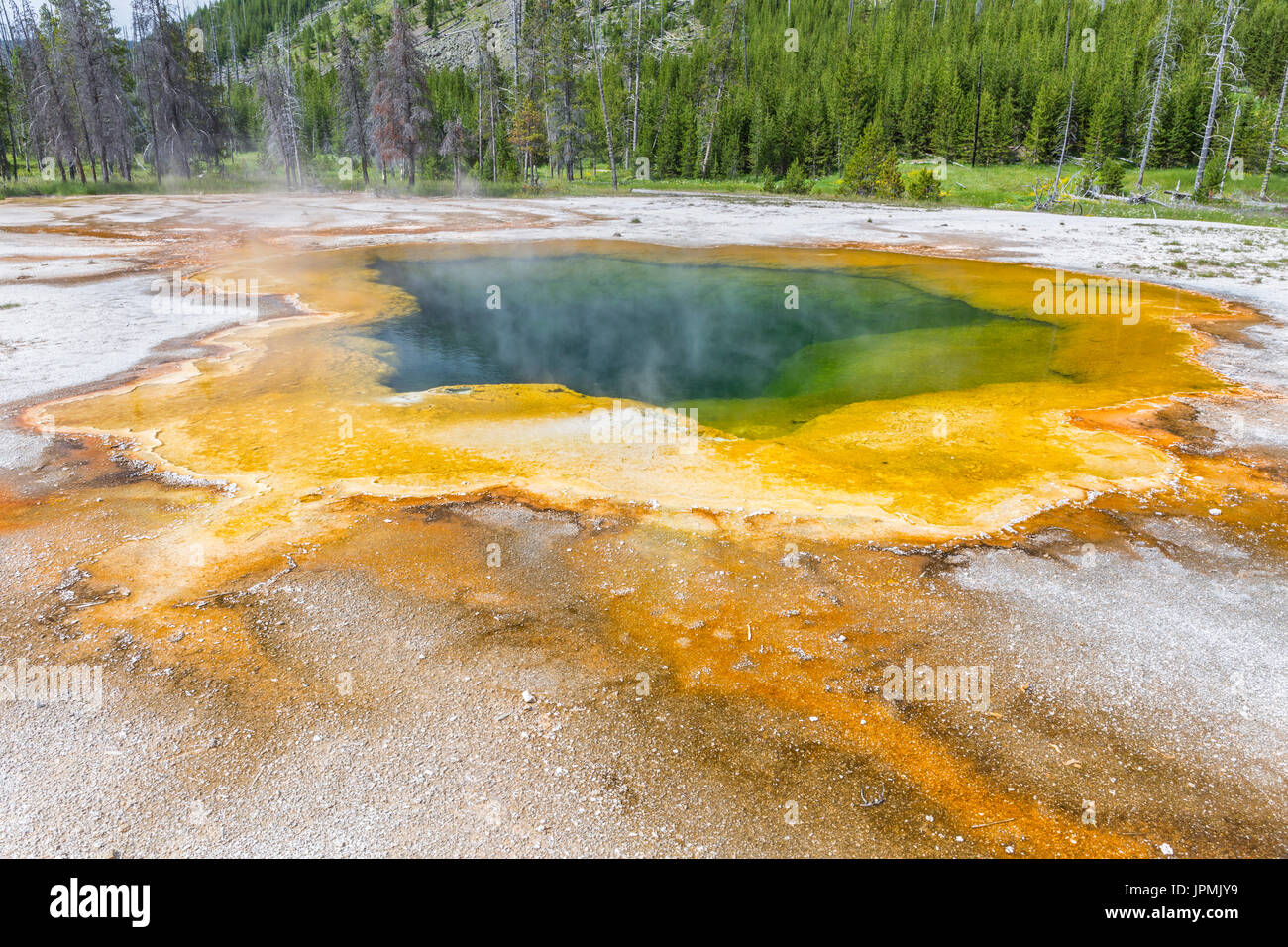 Piscine d'emeraude hot springs au bassin de sable noir dans le Parc National de Yellowstone, Wyoming. Banque D'Images