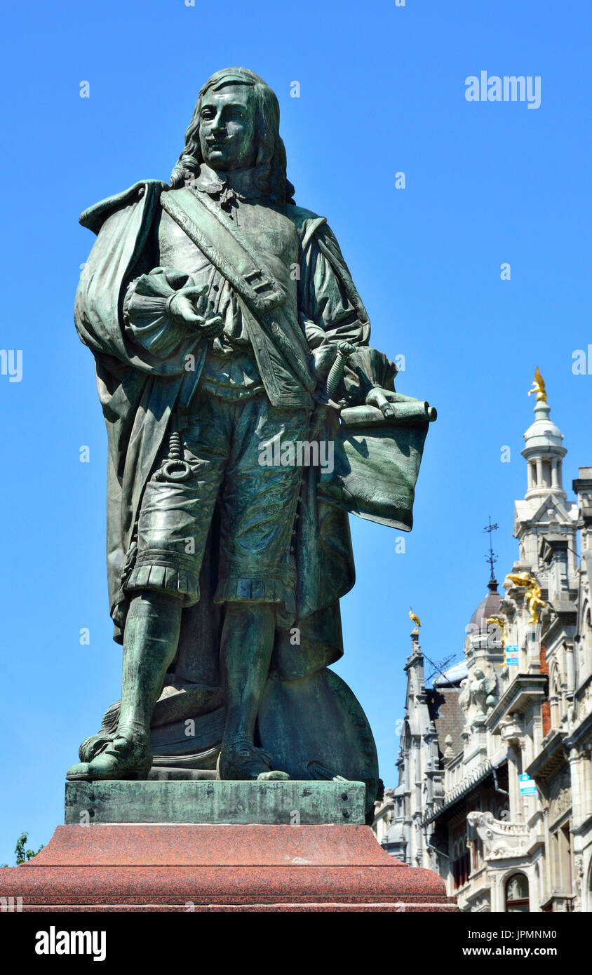 Anvers, Belgique. Statue sur Teniersplaats : David Teniers le Jeune (1610 - 1690) artiste flamand né à Anvers, fils de David Teniers le vieux. Banque D'Images