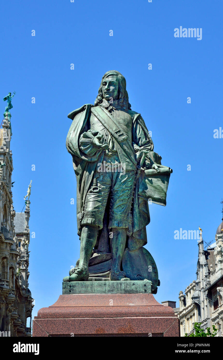 Anvers, Belgique. Statue sur Teniersplaats : David Teniers le Jeune (1610 - 1690) artiste flamand né à Anvers, fils de David Teniers le vieux. Banque D'Images