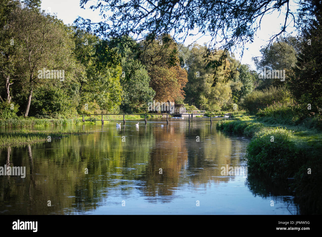 Passerelle et roue hydraulique, River Test, Leckford, Hampshire, Angleterre. Banque D'Images