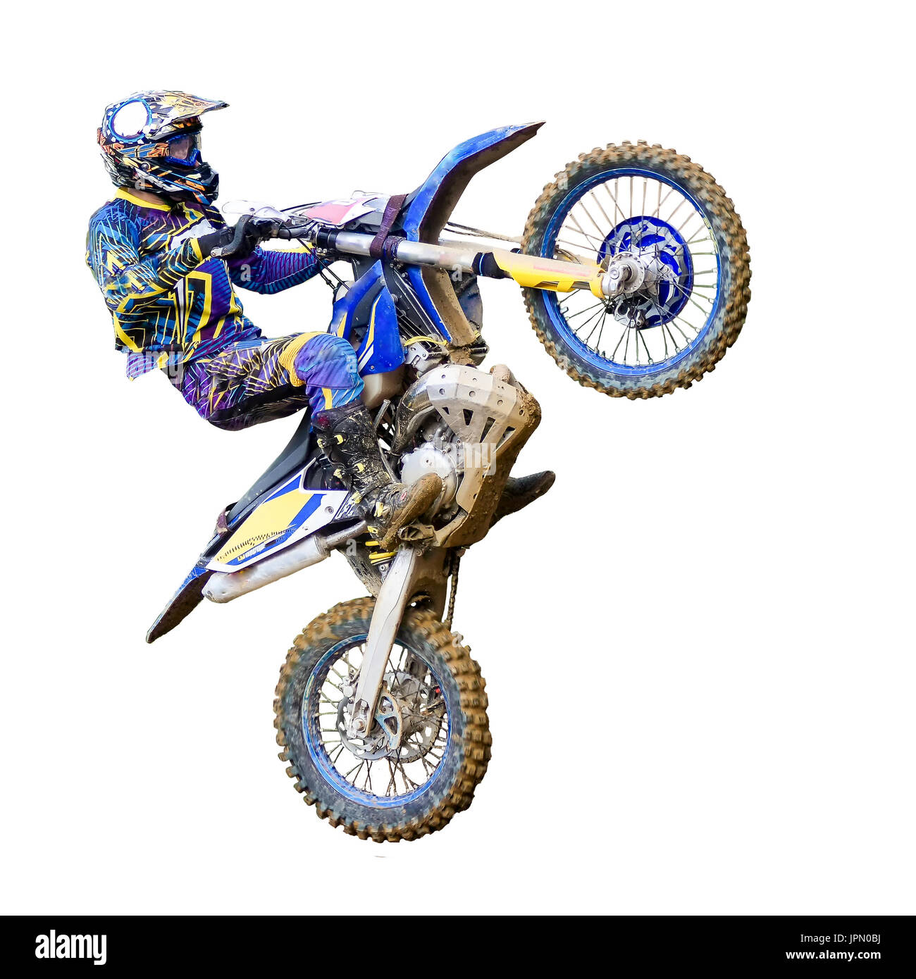 Enduro moto rider en vol, sur un fond blanc Photo Stock - Alamy