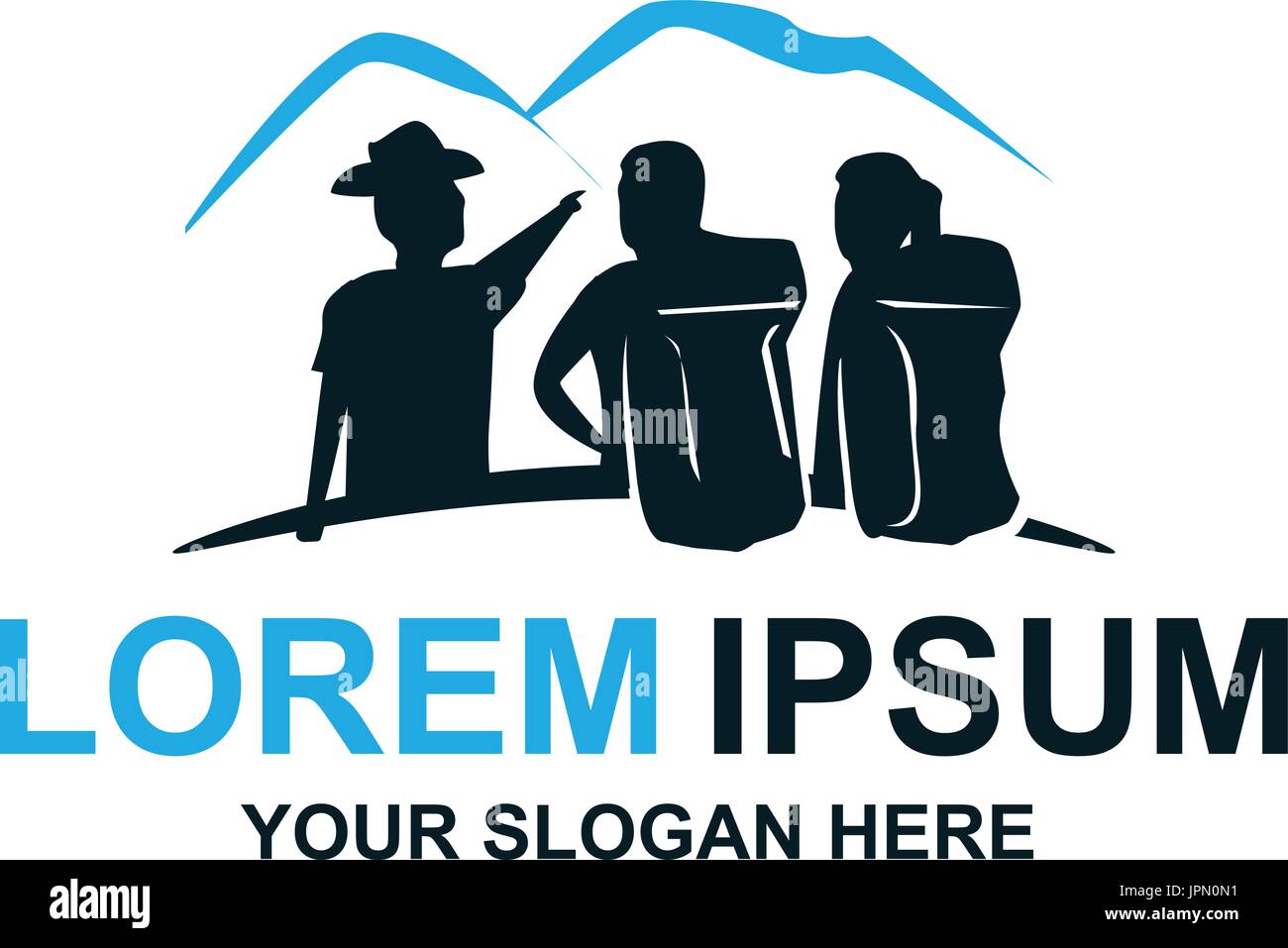 Personne guider deux touristes avec un aperçu de la montagne, conception de logo, isolé sur fond blanc. Illustration de Vecteur