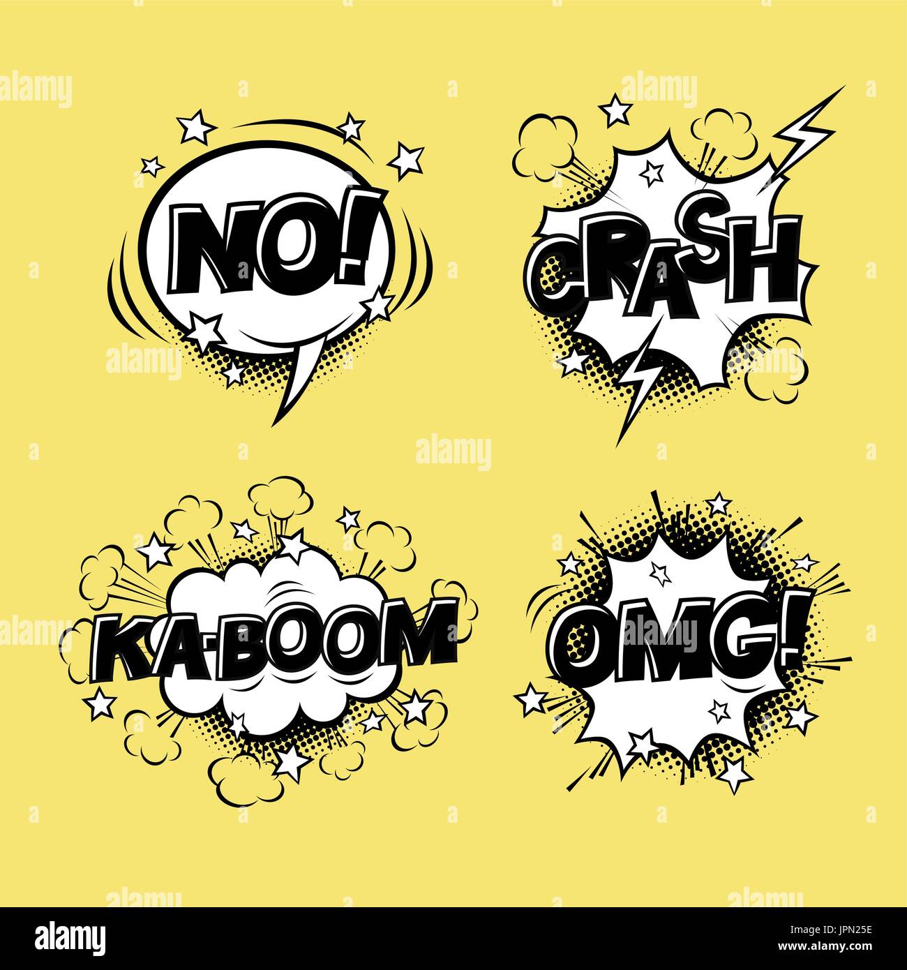 Jeu de bulles de bande dessinée avec différentes émotions et texte KA-BOOM, oh, non, CRASH. Vector cartoon illustrations isolé sur fond jaune. Halfton Illustration de Vecteur