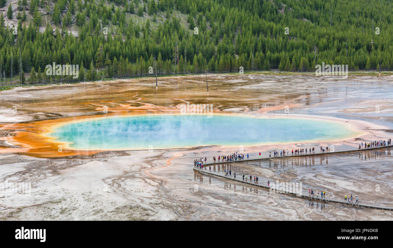 Ligne de touristes la promenade de la Grand Prismatic Spring à Midway Geyser Basin, vu de dessus dans le Parc National de Yellowstone, Wyoming. Banque D'Images