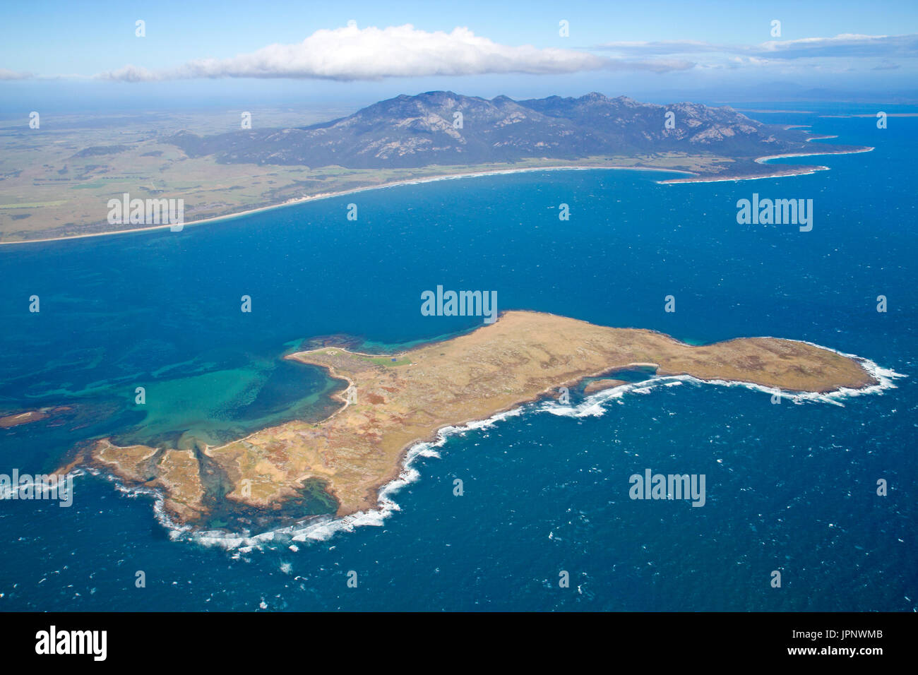 Vue sur l'île Big Green à l'Strzelecki pics sur Flinders Island Banque D'Images