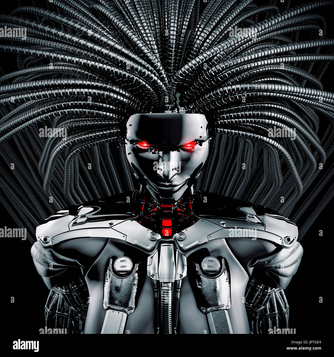 Cyborg femelle concept / 3D illustration de femelle métallique avec des cheveux tentacled android Banque D'Images