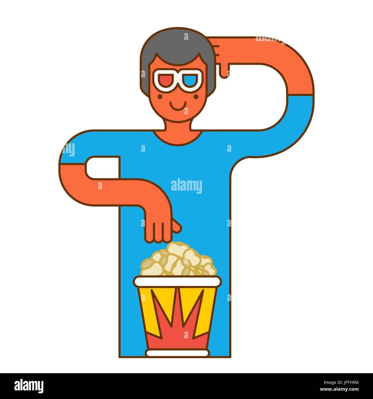 Moviegoer au cinéma avec pop-corn. Lunettes stéréo. Voir le film Illustration de Vecteur