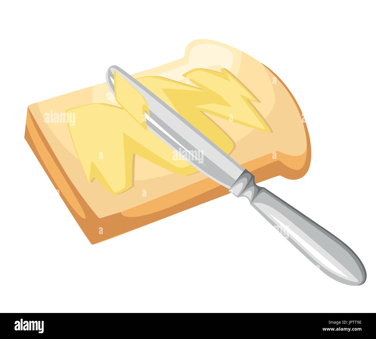 Propagation du couteau de beurre ou de margarine sur tranche de pain grillé et d'un bar de beurre, vecteur de conception plate et page du site Web mobile app design. Illustration de Vecteur