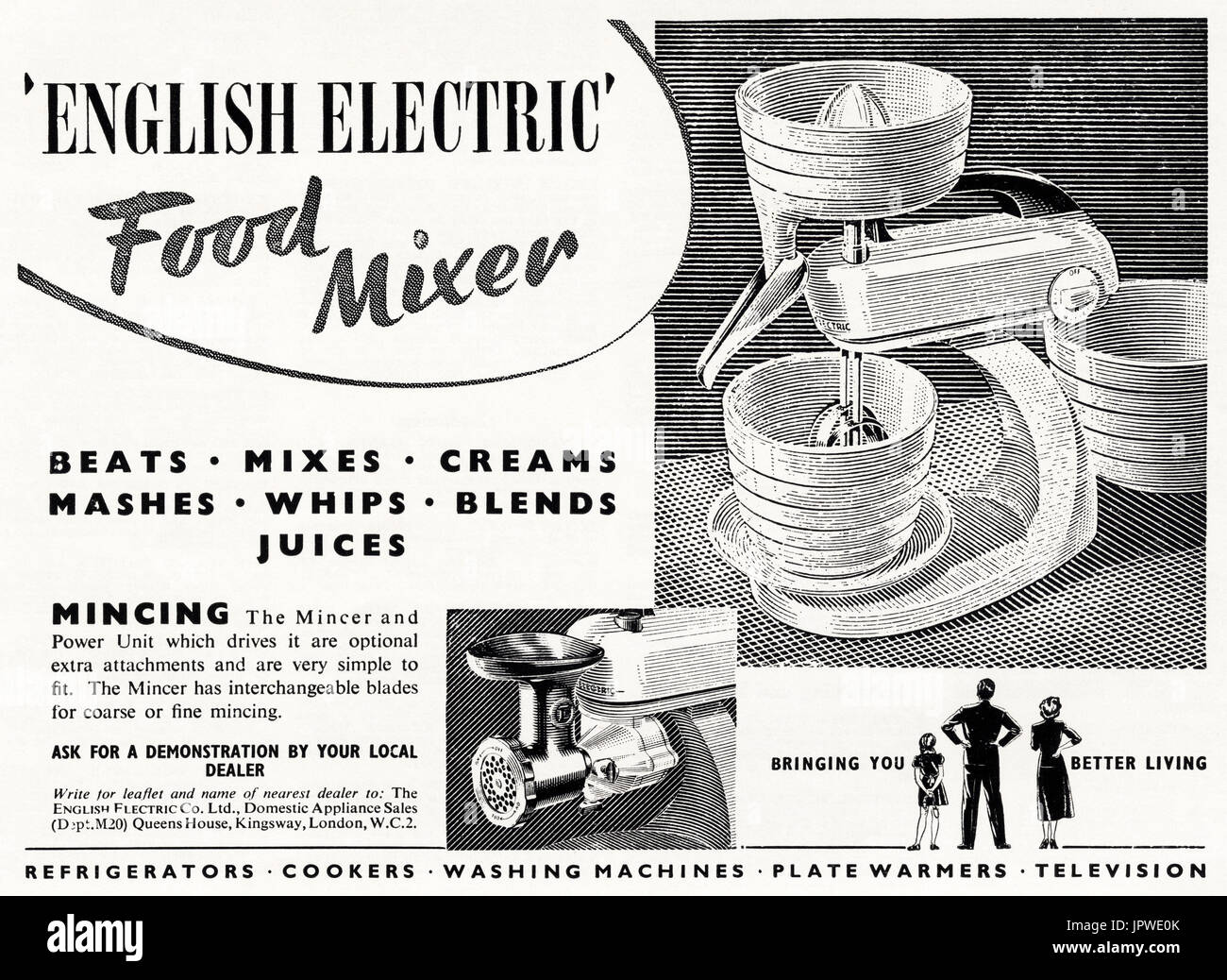 1950 old vintage retro original advert advertising English Electric Mixer & hachoir dans le magazine vers 1950 Banque D'Images