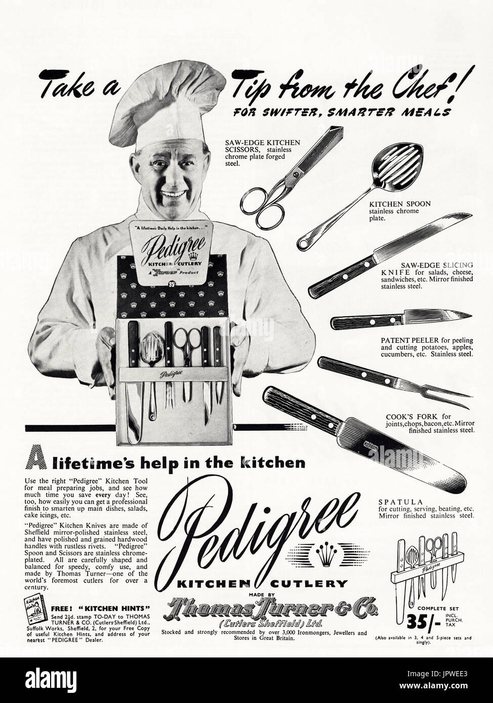 1950 old vintage retro original publicité Publicité Pedigree coutellerie cuisine par Thomas Turner & Co de Sheffield England UK dans le magazine vers 1950 Banque D'Images