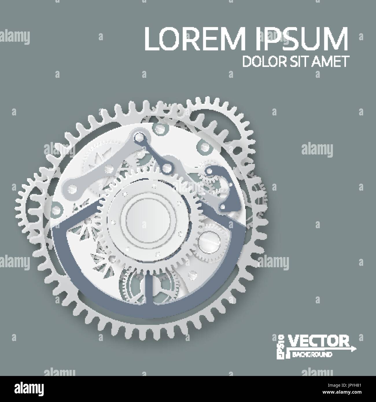 Résumé mécanisme d'horlogerie. Engrenages blancs avec centre sur le fond gris. Illustration vecteur EPS 10. Conception de la couverture. Infographic template. Illustration de Vecteur