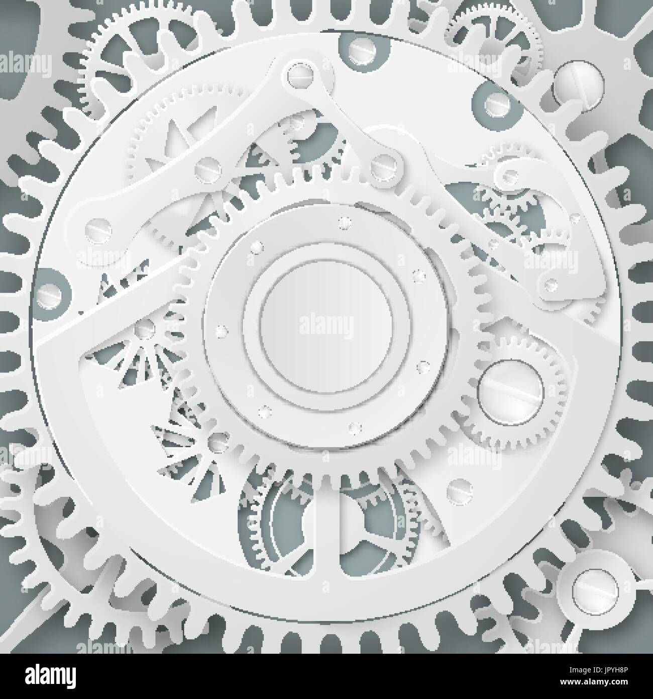 Résumé mécanisme d'horlogerie. Engrenages blancs avec centre sur le fond gris. Illustration vecteur EPS 10. Conception de la couverture. Illustration de Vecteur