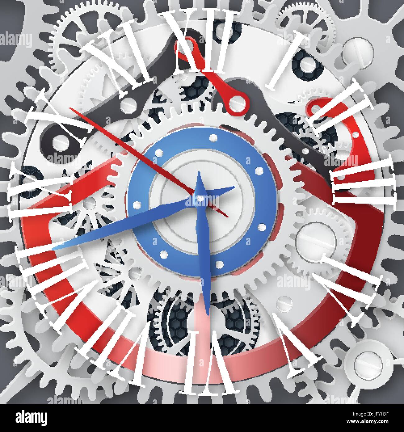 Horloge vectorielle avec chiffres romains. Mécanisme d'horlogerie. Engrenages blancs avec centre sur le fond gris. Illustration de Vecteur