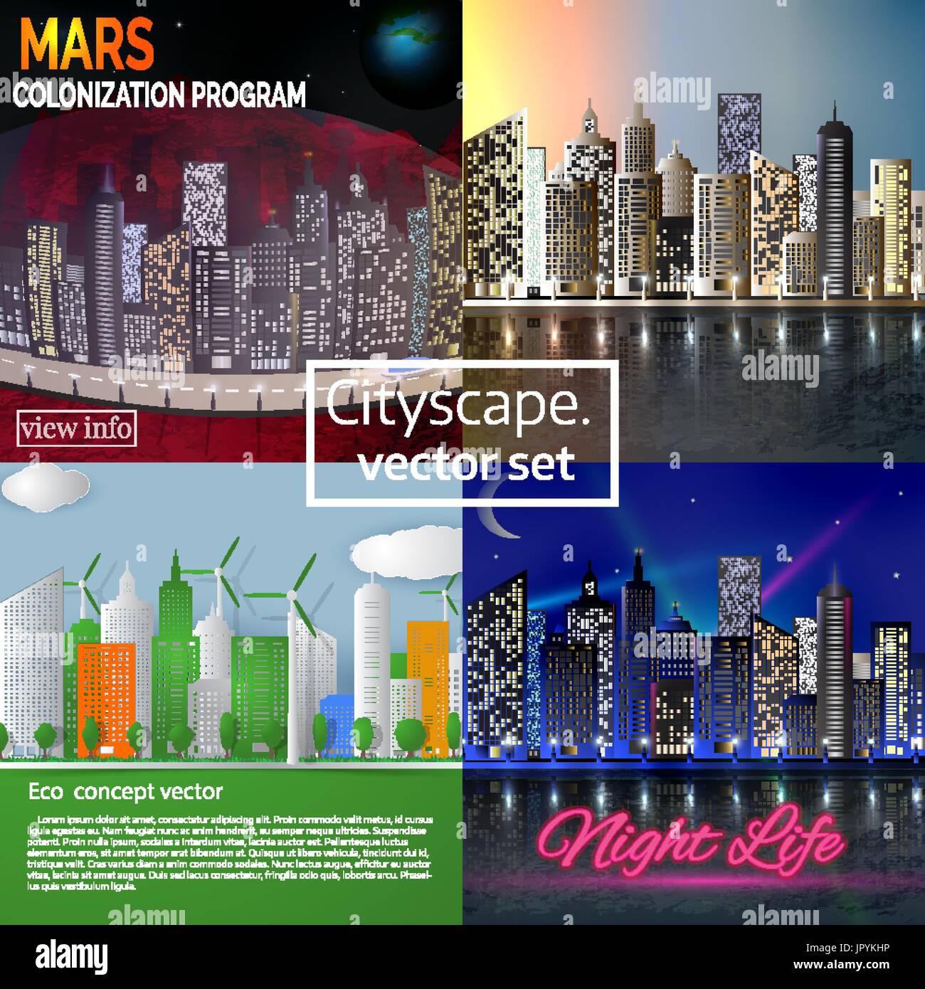 Cityscape vector illustration set. Le programme de colonisation de Mars. Matin paysage urbain. Nuit paysage urbain. Concept Eco city skyline in paper cut style. Illustration de Vecteur