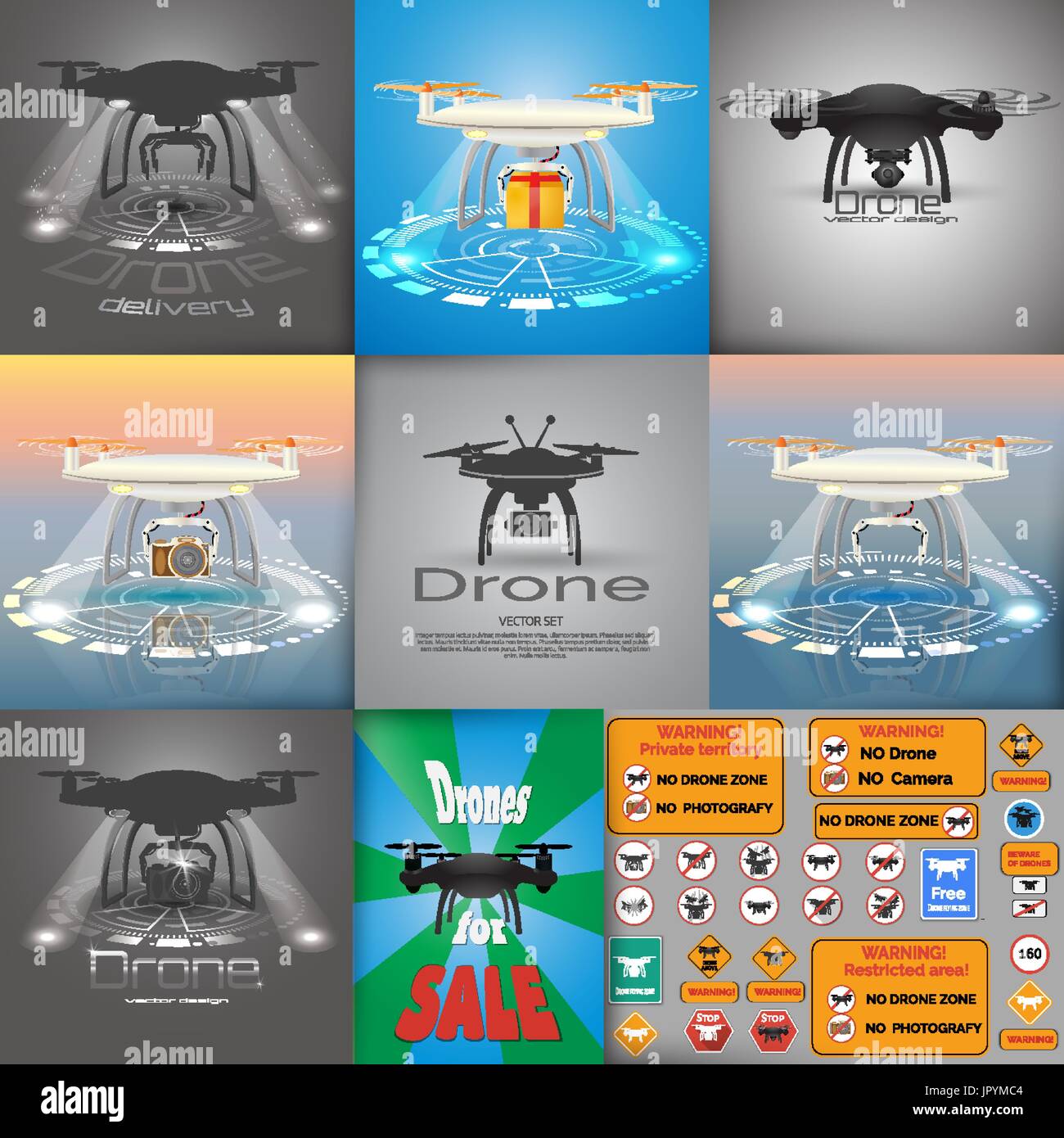Grand ensemble d'illustrations vectorielles drone. Logo de drones. Concept de livraison de drones. Chanter d'avertissement. Flyer en style rétro. Conception vecteur EPS10 Illustration de Vecteur