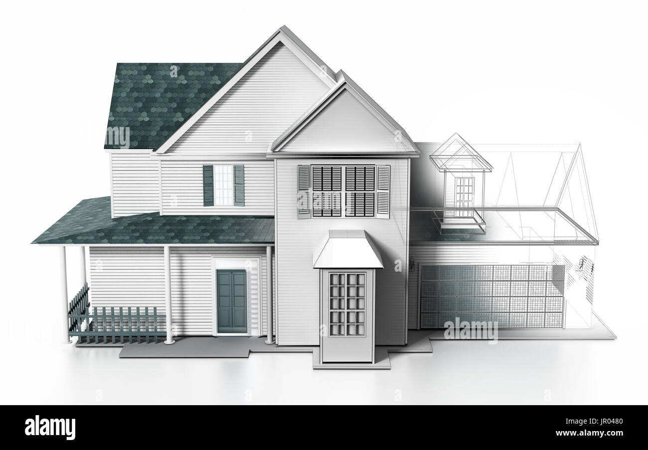 Maison moderne et luxueux avec rendu wireframe pièces. 3D illustration. Banque D'Images