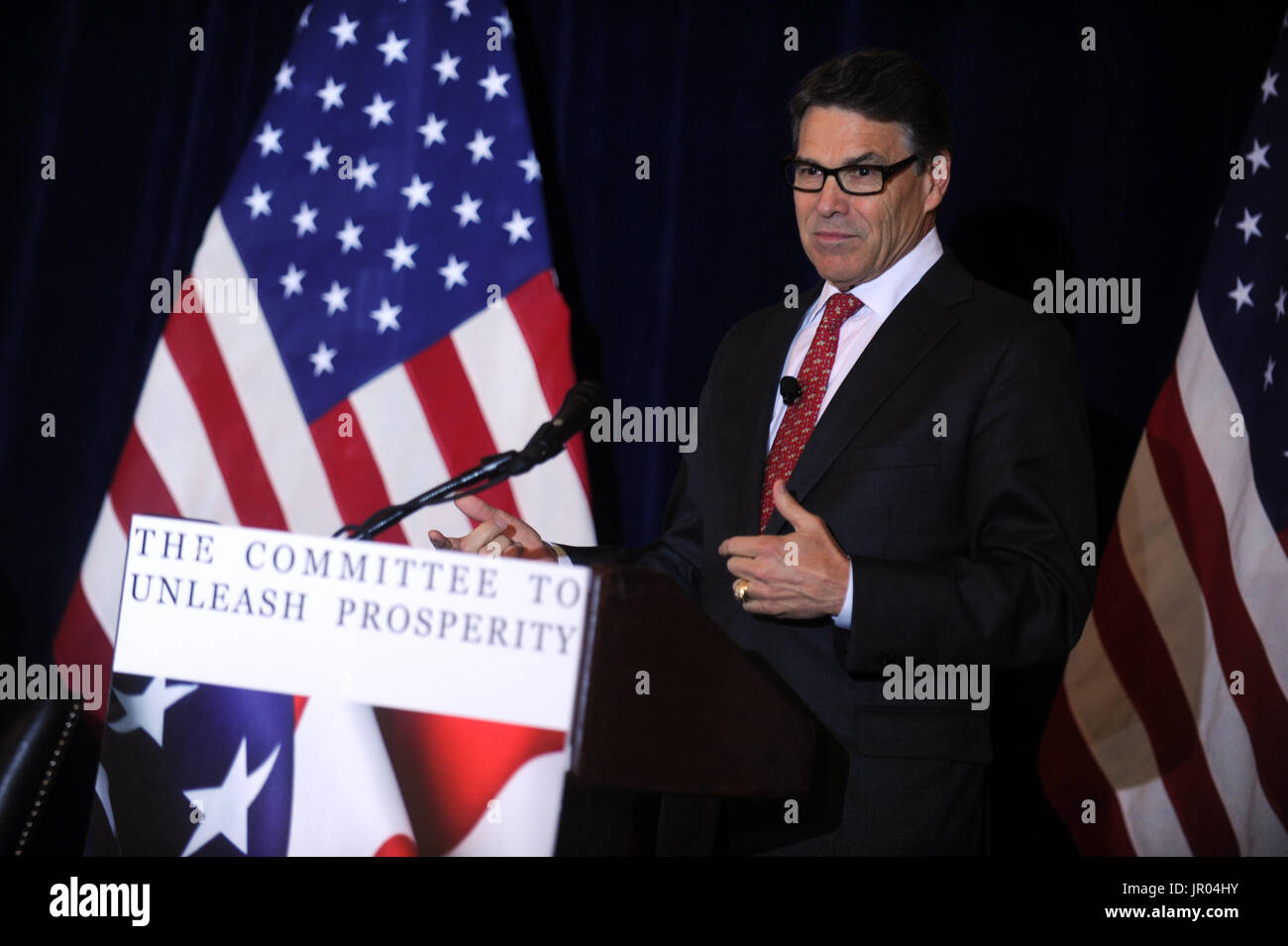 Rick Perry s'exprime à l'événement organisé par le Comité pour libérer la prospérité, arguant que "que la modification de la culture de Wall Street commence par changer la culture à Washington", et régler les problèmes des banques "too big to fail" Le 29 juillet 2015 à New York. Crédit : Dennis Van Tine/MediaPunch Banque D'Images