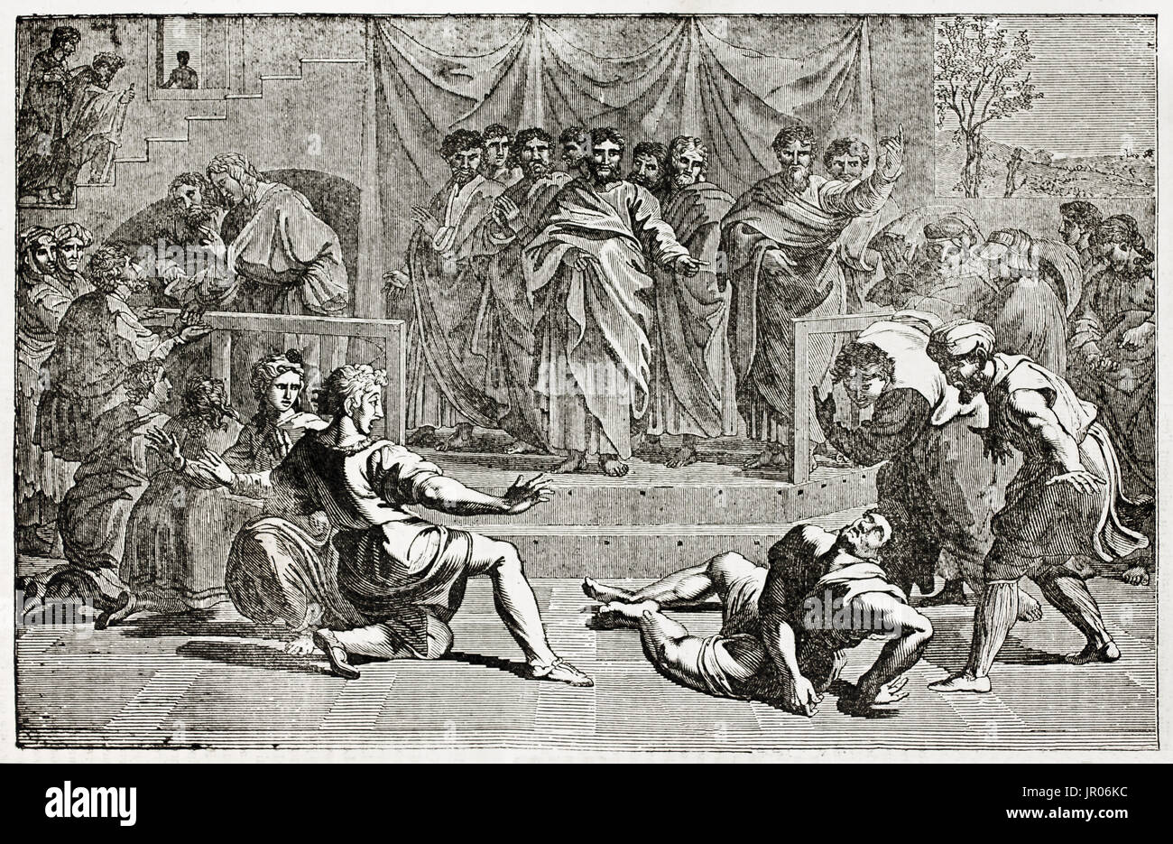 Reproduction de la gravure ancienne mort d'Anania. Après Raphael, publié le Magasin Pittoresque, Paris, 1833. Banque D'Images