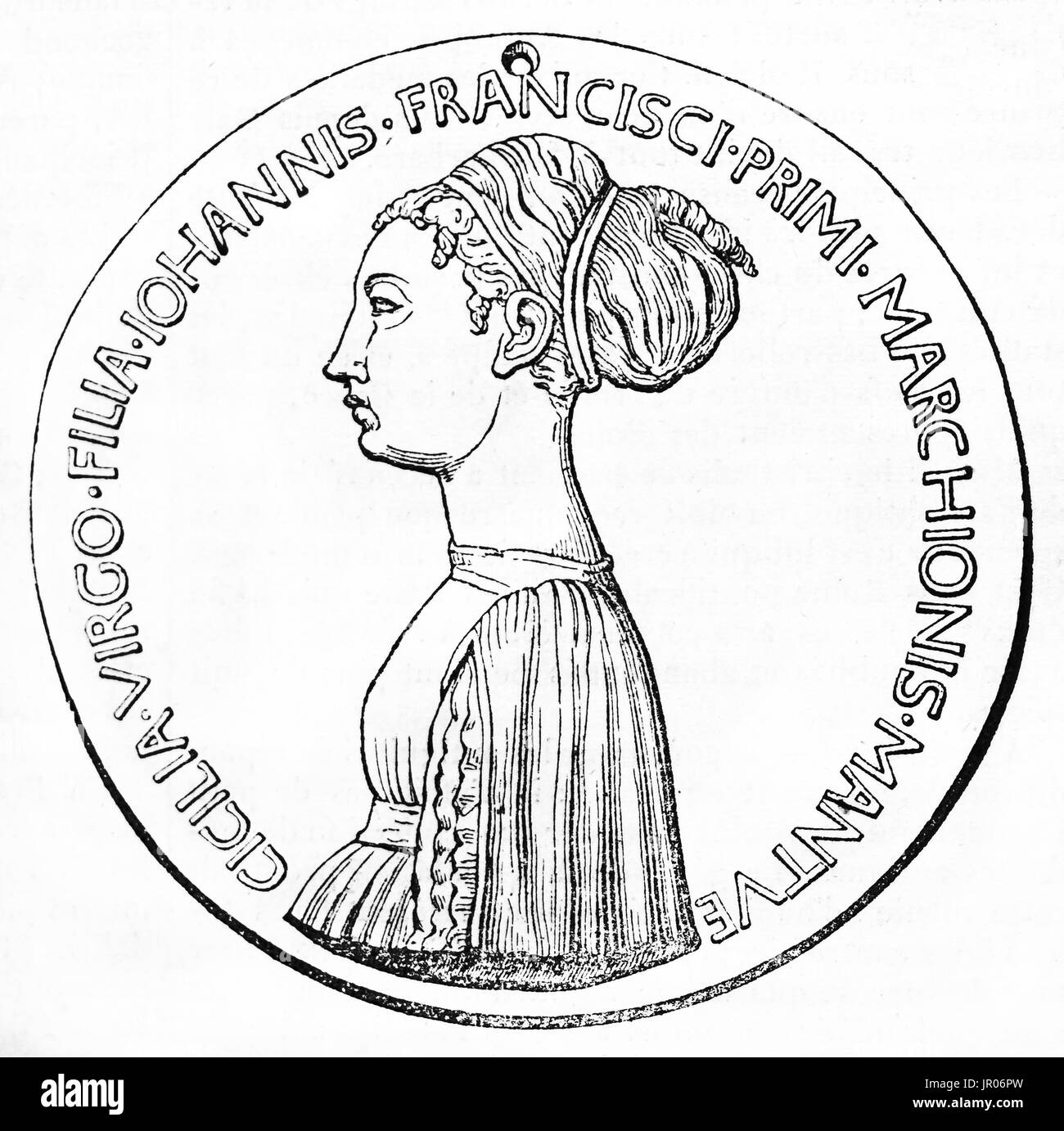 Ancienne reproduction d'un médaillon représentant Cecilia Gonzaga (1426 - 1451), fille de Franceso Gonzaga I, premier marquis de Matua. Après la médaille de Pise Banque D'Images