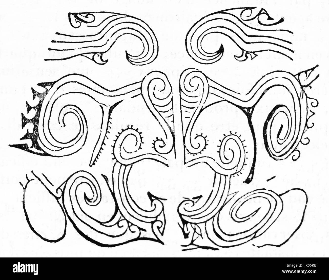 Ancien chef de la reproduction gravée de Maoris Chongui signature, correspondant à son tatouage (ta moko). Par auteur non identifié, publié le Magasin Pi Banque D'Images
