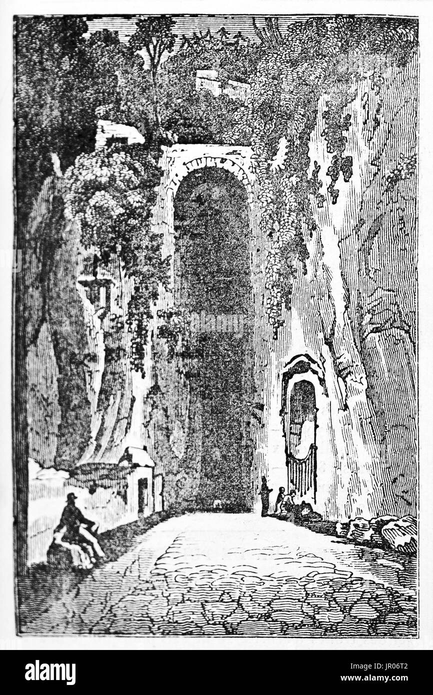 Vue ancienne de Crypta Neapolitana, anzient tunnel romain à Naples, en Italie. Par auteur non identifié, publié le Magasin Pittoresque, Paris, 1833. Banque D'Images