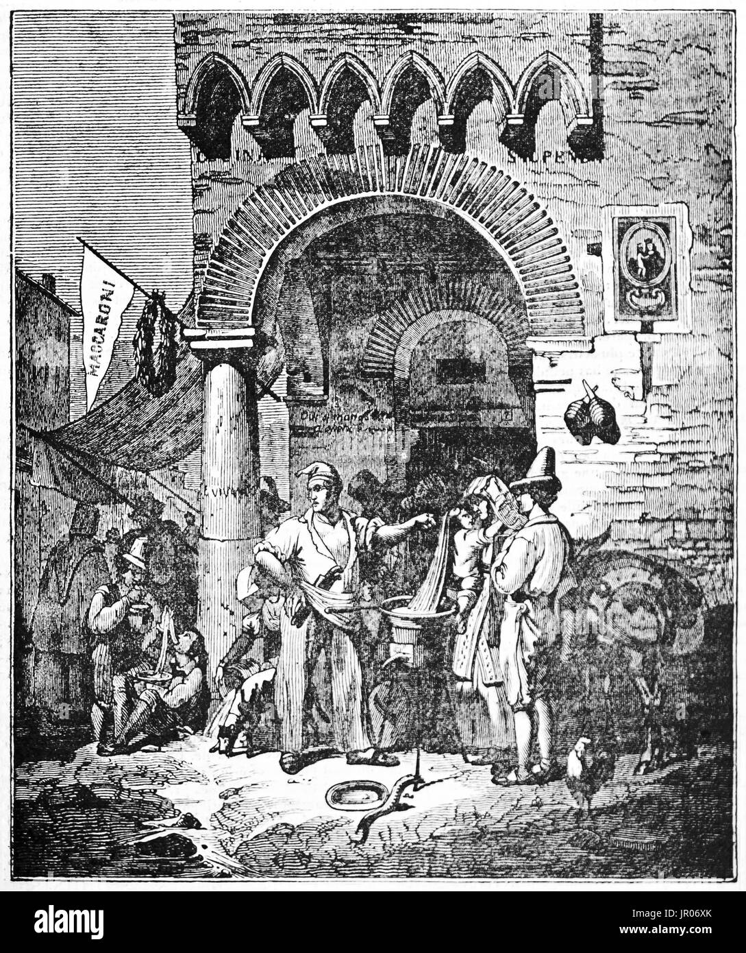 Illustration de l'ancien vendeur de Macaroni et clients, Naples, Italie. Créé par Bergue, publié sur le Tour du Monde, Paris, 1861 Banque D'Images