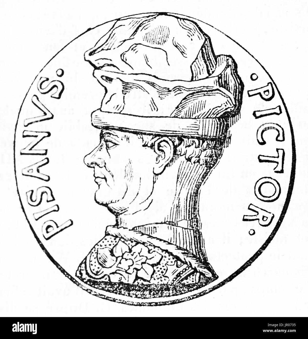 Ancienne reproduction d'un médaillon représentant Pisanello (ch. 1395 - c. 1455) peintre italien du début de la Renaissance et olympique. Après le médaillon créé par mar Banque D'Images