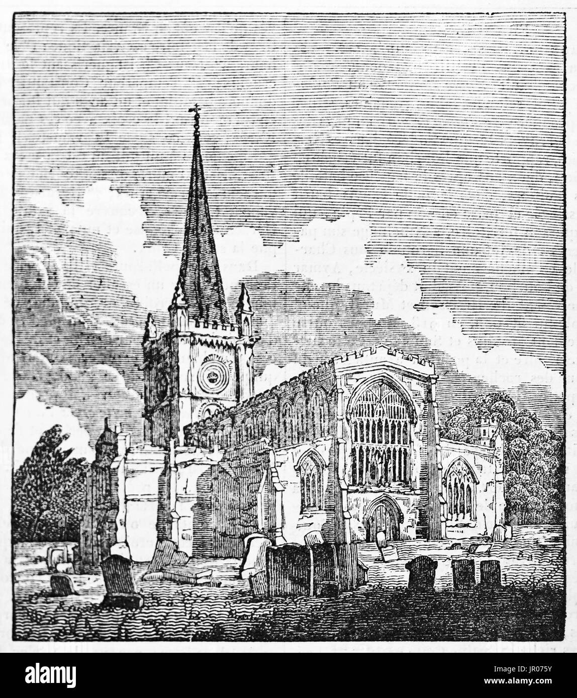 Vue ancienne de l'église Holy Trinity, Stratford-upon-Avon, en Angleterre. Par auteur non identifié, publié le Magasin Pittoresque, Paris, 1833. Banque D'Images