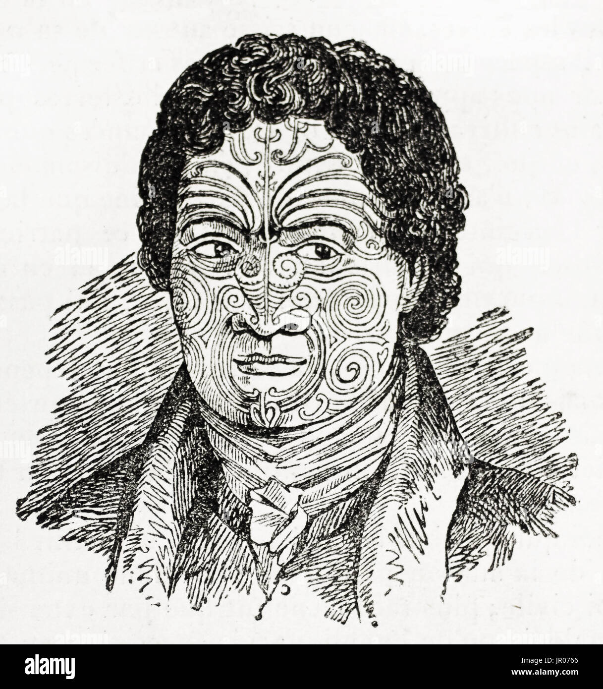 Vieille illustration d'homme maori en Nouvelle-Zélande avec ta moko dans son visage (type particulier de tattoo ciselés, plutôt que percé). Par auteur inconnu Banque D'Images