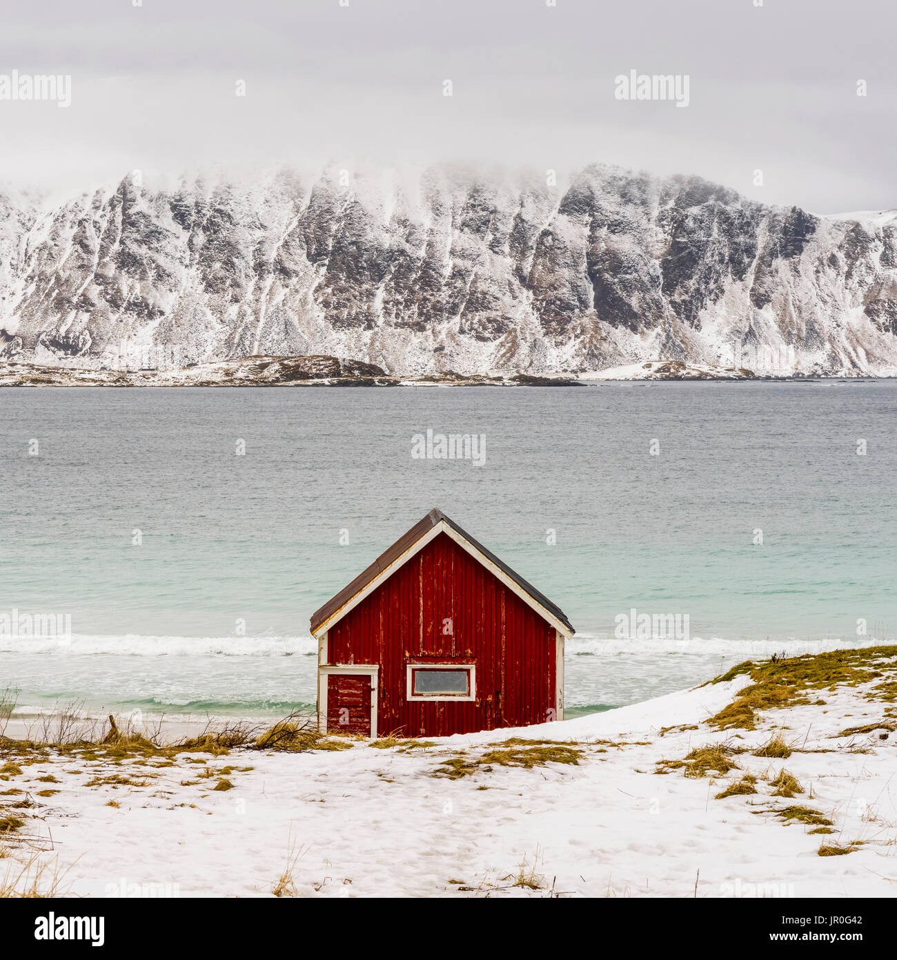 Le dirigeant d'une Rouge au bord de l'eau avec des montagnes couvertes de neige, à travers l'eau ; îles Lofoten, Nordland, Norvège Banque D'Images