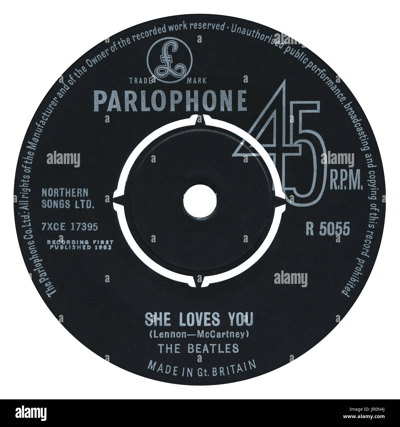 45 TR/MIN 7' UK record label d'Elle t'aime par les Beatles sur le label Parlophone à partir de 1963. Banque D'Images