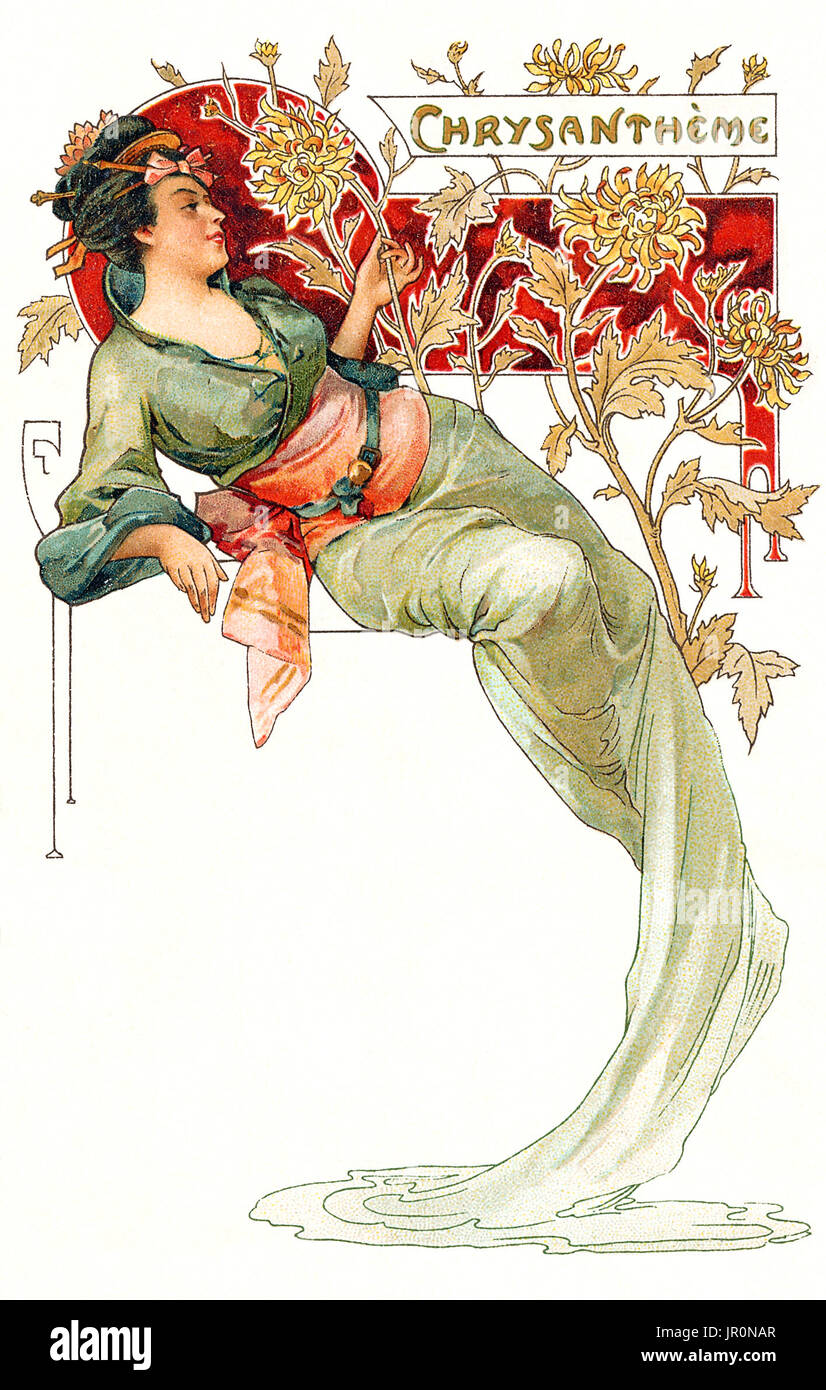 Art nouveau du début du xxe siècle d'une carte postale Edwardian dame dans une robe verte avec des chrysanthèmes. Publié par S. Hildeshzimer & Co, Londres et Manchester. Imprimé en France. Banque D'Images