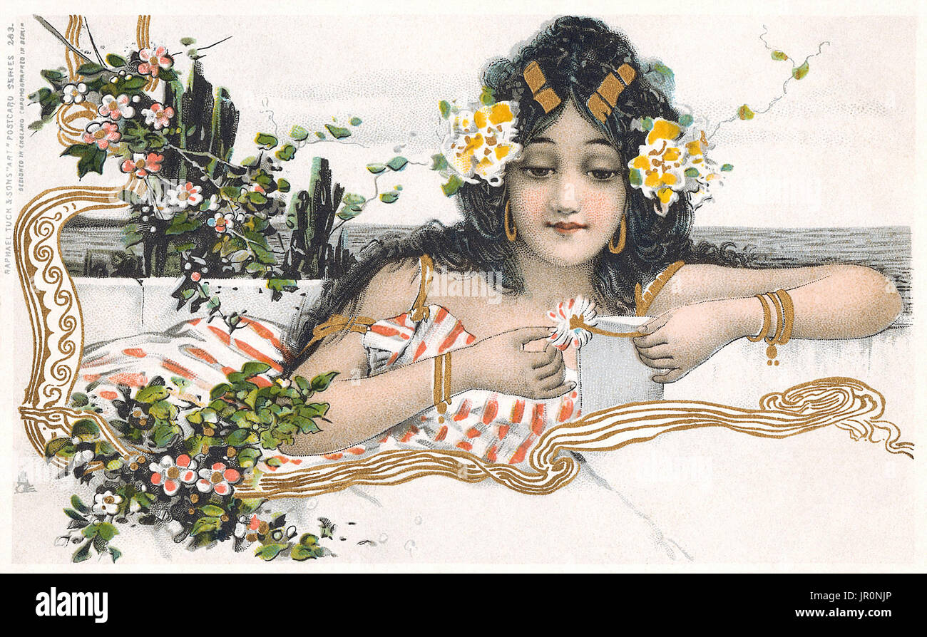Art nouveau du début du xxe siècle d'une carte postale Edwardian lady. Publié par Raphael Tuck & Sons. Banque D'Images