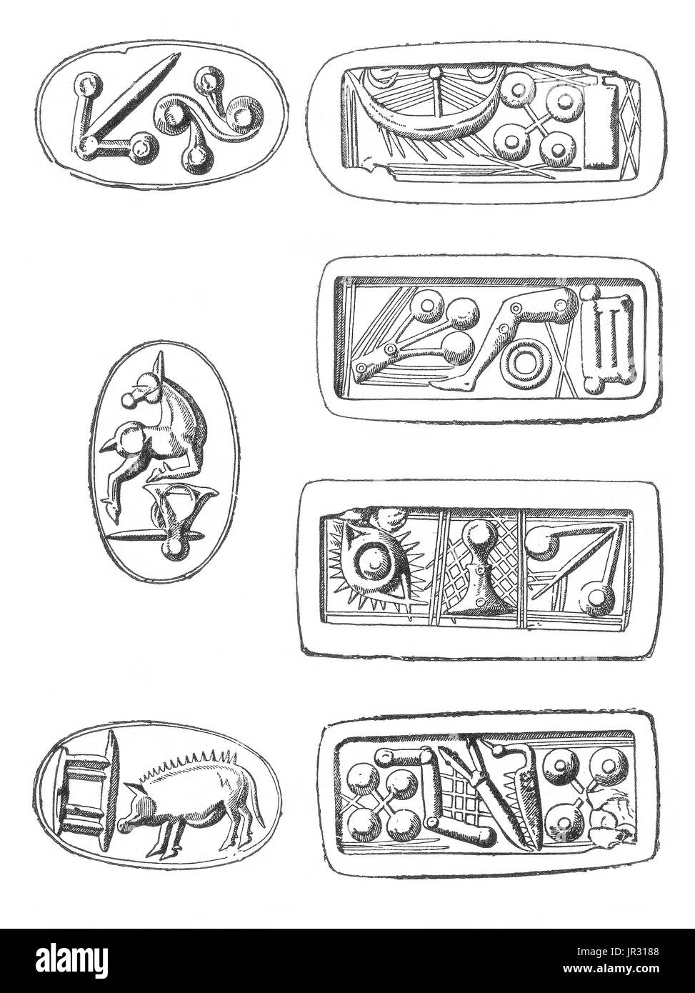 Gauche, symboles sur trois faces la cornaline. Bon, les symboles sur les quatre faces de la pierre. La Crète était une fois le centre de la civilisation minoenne (2700-1420 av. J.-C.), qui est actuellement considérée comme la plus ancienne civilisation enregistré en Europe. La Cornaline a été récupéré à partir de l'âge de bronze des couches de Cnossos Minoenne en Crète dans une forme qui fait la preuve de son utilisation dans les arts décoratifs ; cet usage remonte à environ 1800 avant JC. Knossos est le plus grand site archéologique de l'âge du bronze en Crète et est considérée comme la ville la plus ancienne de l'Europe. La plus ancienne écriture mycénienne est issu de l'un linéaire linéaire A. est l'un des deux en ce moment undeciphere Banque D'Images