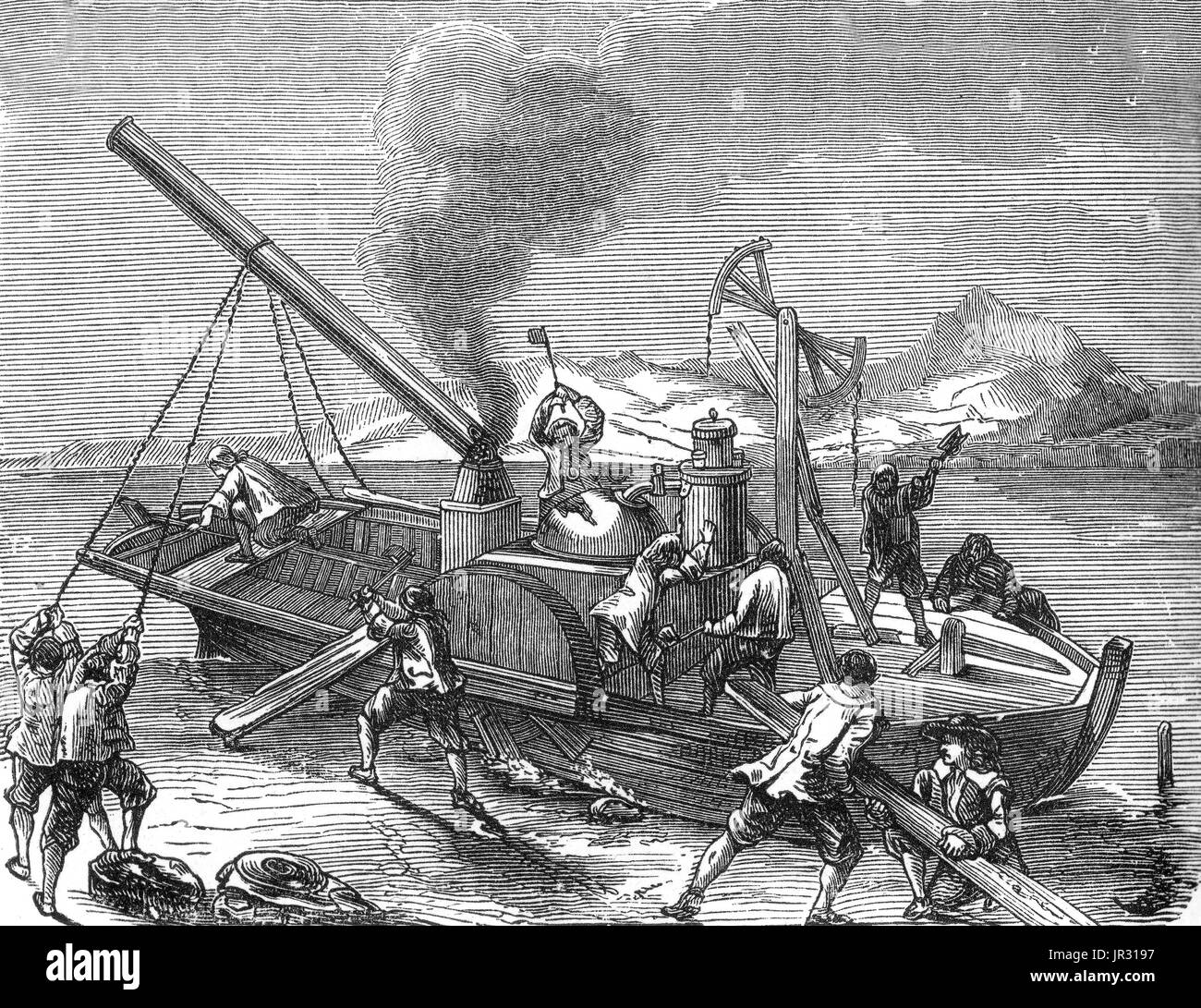 Denis Papin a été le premier qui a fait une machine à vapeur-bateau. Au cours de sa résidence en Angleterre, il a été élu professeur de mathématiques à l'Université de Marburg. À Marburg, en 1707, il construit une petite machine à vapeur, qu'il a monté dans un bateau, "une petite machine, d'un vaisseau à roues', et expédiés à l'Angleterre dans le but d'être jugé sur la Tamise. Les bateliers, sur la rivière Weser, pensant qu'il détruirait leur occupation, saisi le bateau, avec sa machine, et l'a détruit. Denis Papin (22 août 1647 - 1712) était un physicien, mathématicien et inventeur. Il a travaillé avec R Banque D'Images