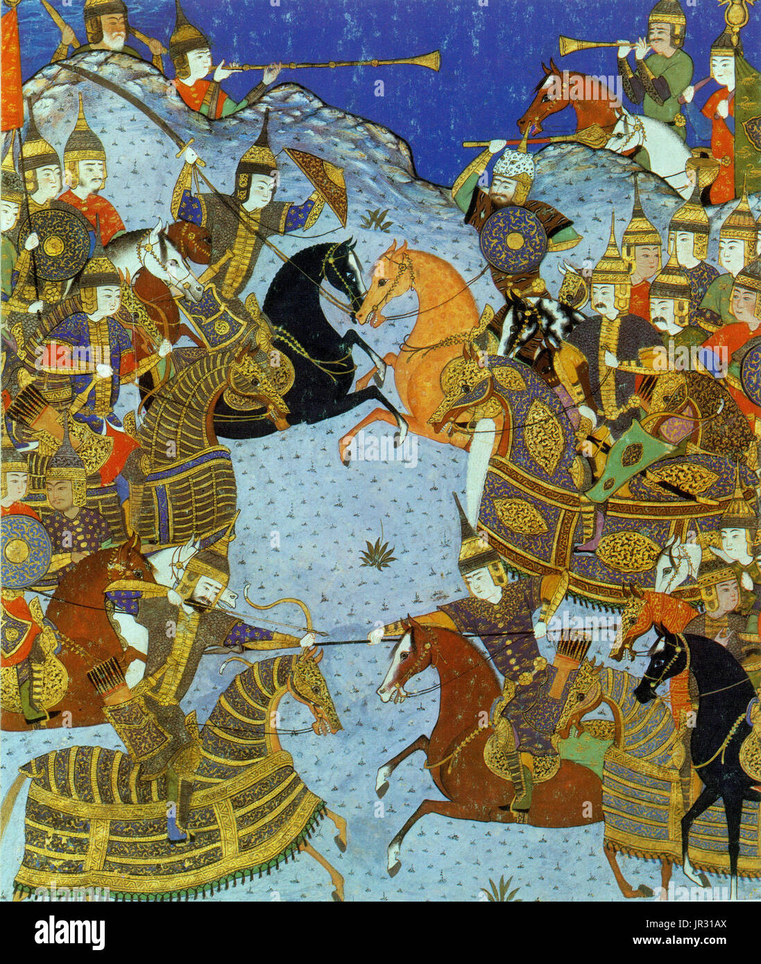 Aussi, le Shahnameh translittérée comme Shahnama (Le Livre des Rois), est un long poème épique écrit par le poète persan Ferdowsi entre 977 et 1010 AD et est l'épopée nationale d'une plus grande l'Iran. Composé d'environ 50 000 couplets, le Shahnameh est le plus long poème épique écrit par un seul poète. Il raconte principalement la mythique et dans une certaine mesure le passé historique de l'Empire perse de la création du monde jusqu'à la conquête islamique de la Perse au viie siècle. L'Iran, l'Azerbaïdjan moderne, l'Afghanistan et de la grande région influencée par la culture persane (tels que la Géorgie, l'Arménie, T Banque D'Images