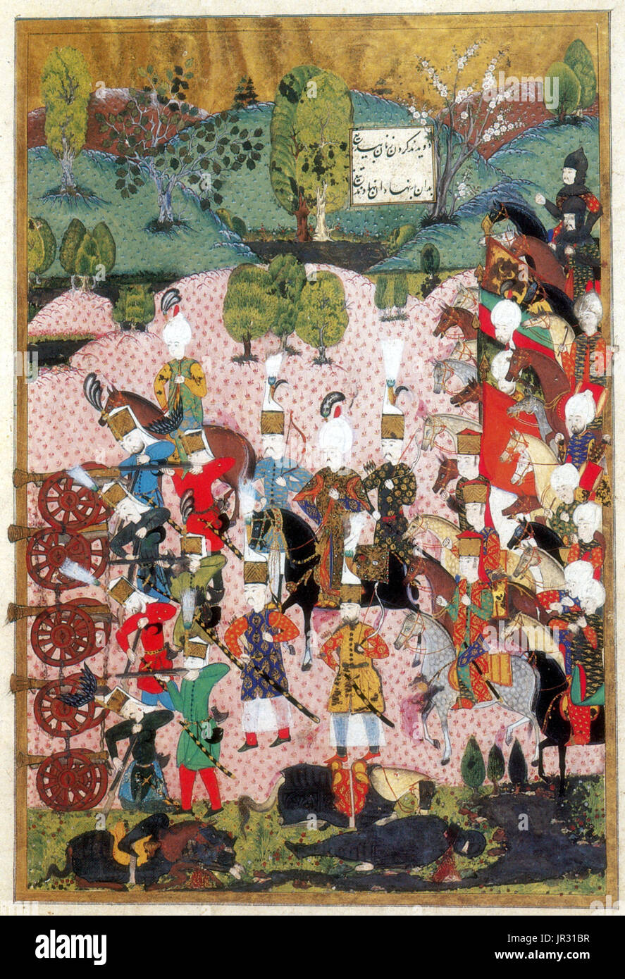 La bataille de Mohács était l'un des plus important dans l'histoire de l'Europe centrale des batailles. Il a été battu le 29 août 1526 près de Mohács, royaume de Hongrie, entre les forces du royaume de Hongrie, dirigé par Louis II, et ceux de l'Empire Ottoman, dirigé par Soliman le Magnifique. La Hongrie avait un coûteux, mais obsolètes, de l'armée lourdement tributaires des chevaliers blindés blindés sur les chevaux. Le front hongrois était constituée de deux lignes, la première avec un centre d'infanterie et d'artillerie de mercenaires et la majorité de la cavalerie sur les deux flancs. La deuxième ligne était un mélange de Levy et d'infanterie cavalerie. Banque D'Images