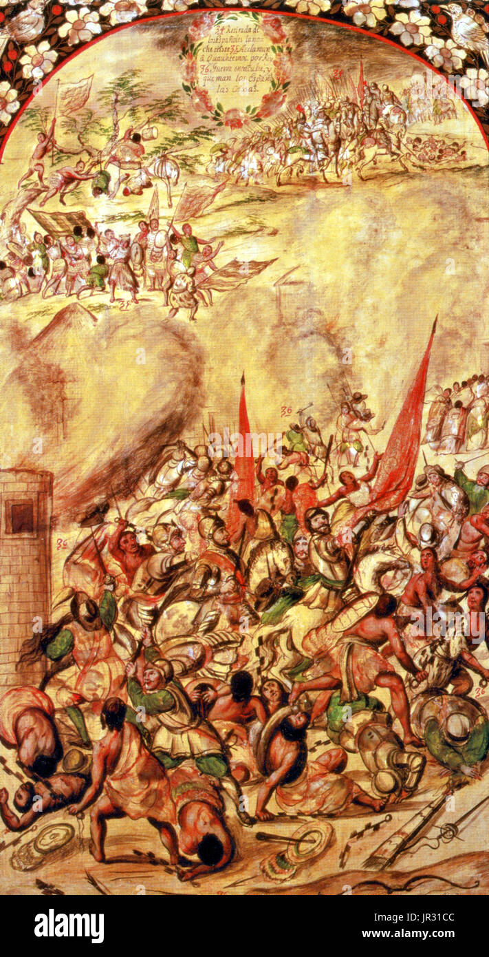 La Noche triste le 30 juin 1520, a été un événement important au cours de la conquête espagnole du Mexique, où Hernando Cortez et son armée d'invasion des conquistadors espagnols et des alliés autochtones ont été chassés de la capitale mexicaine à Tenochtitlan après la mort du roi aztèque Moctezuma II. Dans la nuit du 1 juillet 1520, Cortez et son armée quittèrent leur composé et dirigé à l'ouest, vers la chaussée de Tlacopan. Comme les Espagnols et leurs alliés autochtones atteint la chaussée, des centaines de pirogues est apparue dans les eaux aux côtés d'harry. Les Espagnols ont lutté leur chemin à travers la chaussée dans le rai Banque D'Images
