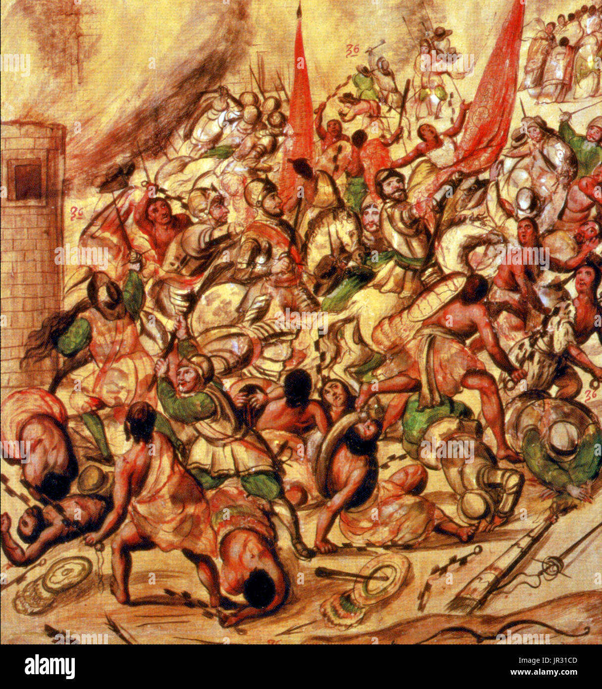 La Noche triste le 30 juin 1520, a été un événement important au cours de la conquête espagnole du Mexique, où Hernando Cortez et son armée d'invasion des conquistadors espagnols et des alliés autochtones ont été chassés de la capitale mexicaine à Tenochtitlan après la mort du roi aztèque Moctezuma II. Dans la nuit du 1 juillet 1520, Cortez et son armée quittèrent leur composé et dirigé à l'ouest, vers la chaussée de Tlacopan. Comme les Espagnols et leurs alliés autochtones atteint la chaussée, des centaines de pirogues est apparue dans les eaux aux côtés d'harry. Les Espagnols ont lutté leur chemin à travers la chaussée dans le rai Banque D'Images