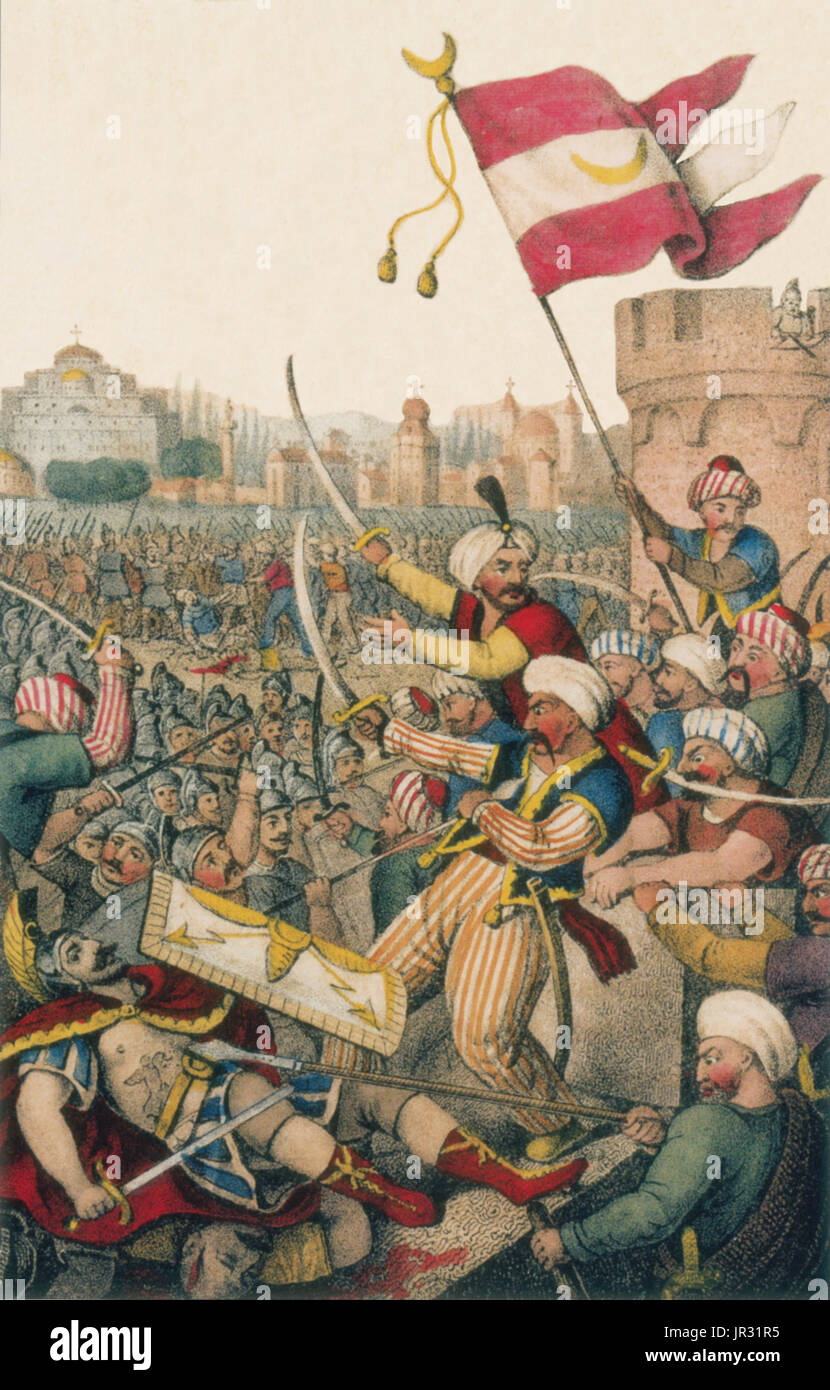 Illustration romancée de 1832, Mehmed II montre menant ses hommes par-dessus les murs de Constantinople (en bas à gauche) alors que Constantin XI est tué. La chute de Constantinople a été la capture de la capitale de l'Empire byzantin par une armée d'invasion de l'Empire ottoman le 29 mai 1453. Les Ottomans étaient commandées par Mehmet le Conquérant, le septième sultan de l'Empire Ottoman, qui a vaincu une armée commandée par l'empereur byzantin Constantin XI paléologue. La conquête de Constantinople a suivi une 53 jours de siège qui avait commencé le 6 avril 1453. La prise de Constantinople a marqué la fin de Banque D'Images