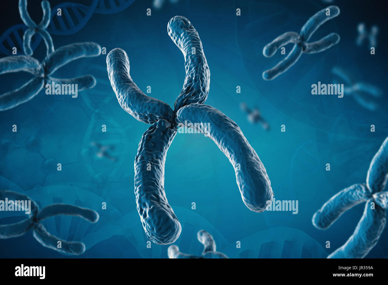 Le rendu 3D du chromosome bleu sur fond bleu Banque D'Images