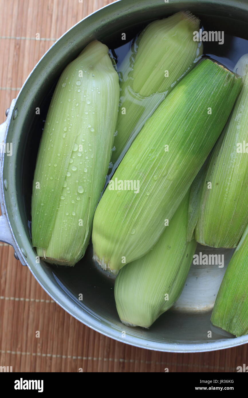 Le maïs dans un pot prêt pour l'ébullition Banque D'Images