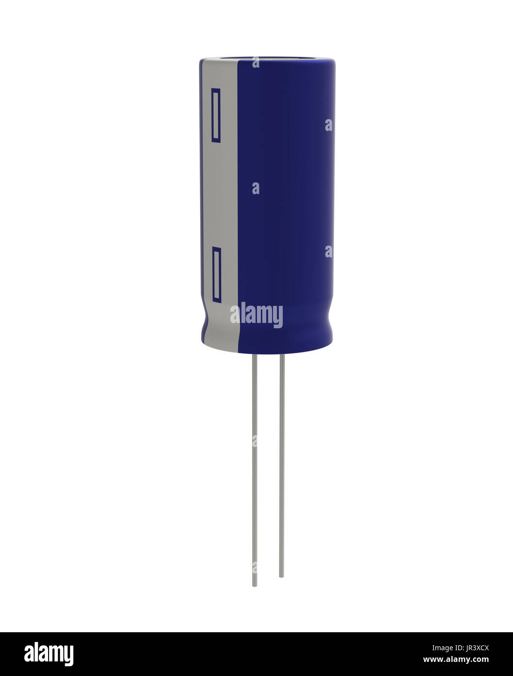 Rendu 3D réaliste de petits condensateurs électrolytiques bleu isolé sur fond blanc avec l'ombre et chemin de détourage, de l'électronique partie concept. Banque D'Images