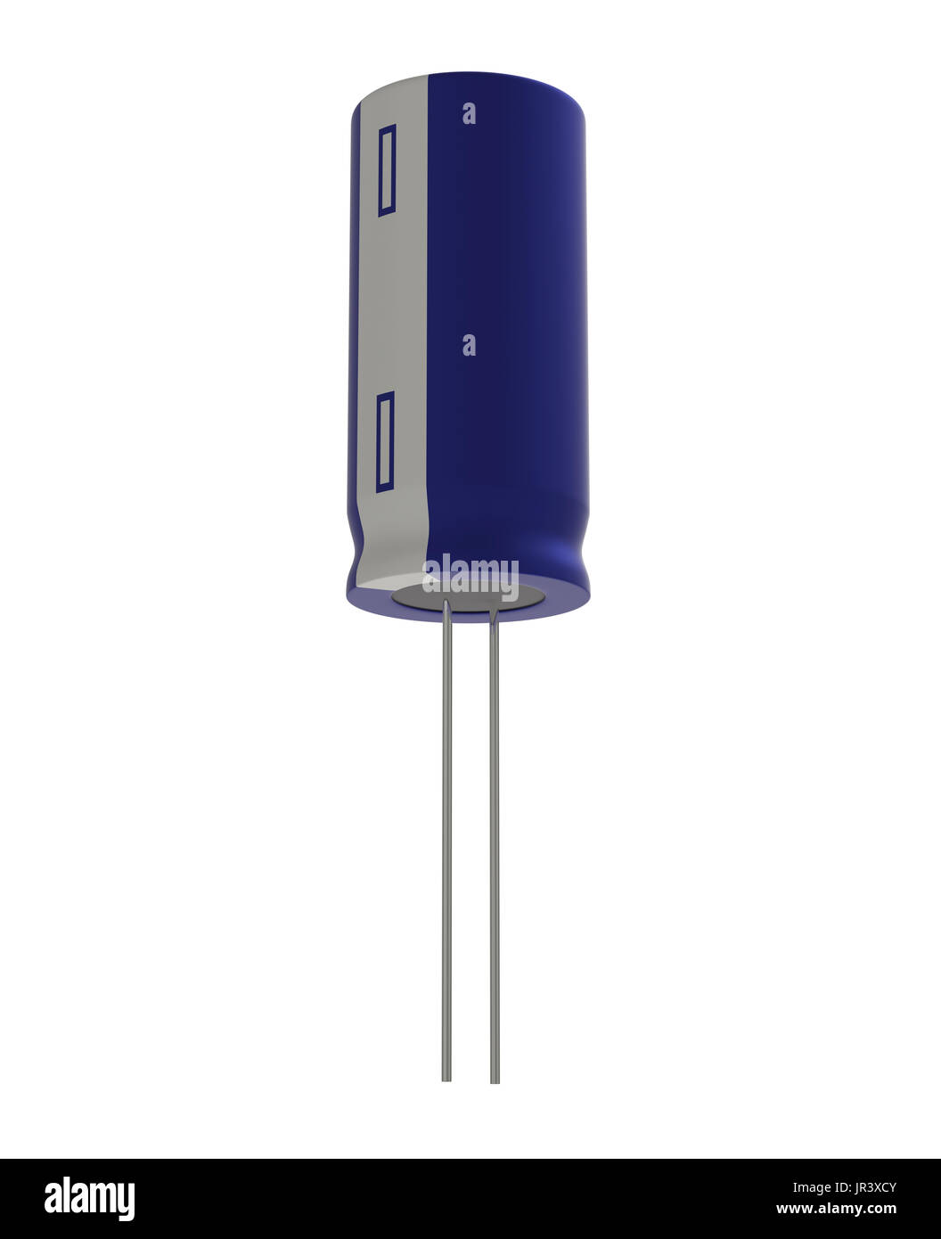 Rendu 3D réaliste de petits condensateurs électrolytiques bleu isolé sur fond blanc avec l'ombre et chemin de détourage, de l'électronique partie concept. Banque D'Images